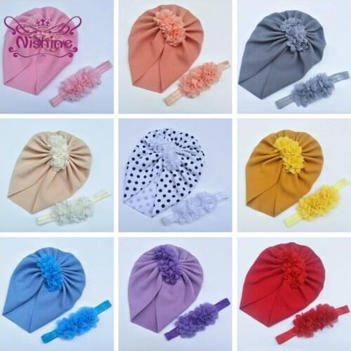 Nishine Toddler Fashion Handmade Flower Cap and Hairband Set Baby Solid Color Floral Elastic Headband DIY Headwear Birthday Gift