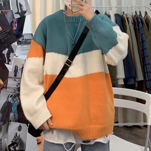 Autumn and Winter Japanese-style Casual Mixed Colors Hipster Loose Crew Neck Sweater Men Couple Clothes Laziness Wind Thick