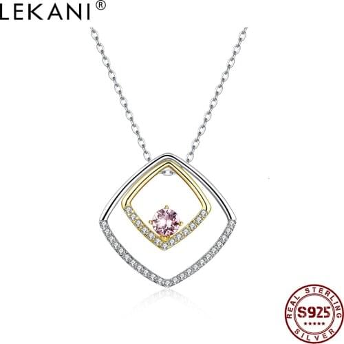 LEKANI 925 Sterling Silver Necklace For Women Double Square Austria Crystal Pendant Chains Necklace Party Fine Jewelry New