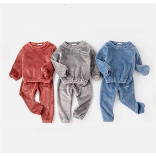 2021 New Winter Baby Boy Girl Thicken Pajamas Set Flannel Toddler Child Warm Pure Color Sleepwear Kids Home Suit 2-10Y