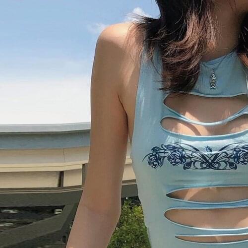 Blue High Street Casual Slimming Small Vest Fashion Printing Hollow Out Short Tank Tops Sexy Sleeveless Round Neck Skinny Tops