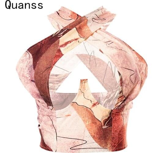 Quanss 2021 New Summer Cross Halter Print Tank Top Women Sleeveless Hollow Out Sexy Crop Tops Streetwear Club Vest Y2k Clothes