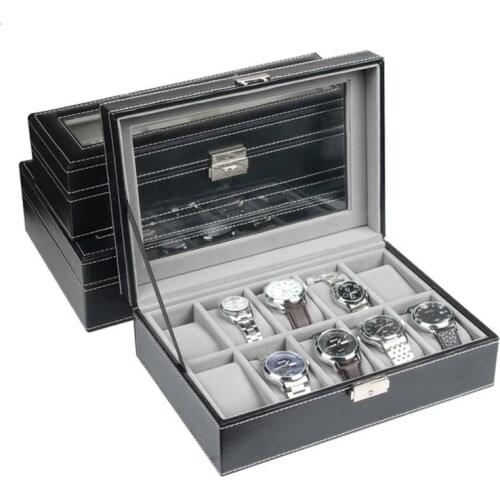 Luxurious 6/10/12 Grids Jewelry Display Watch Case Black PU Leather Gray Velvet Watch Boxes Storage Organizer Box Free Shipping