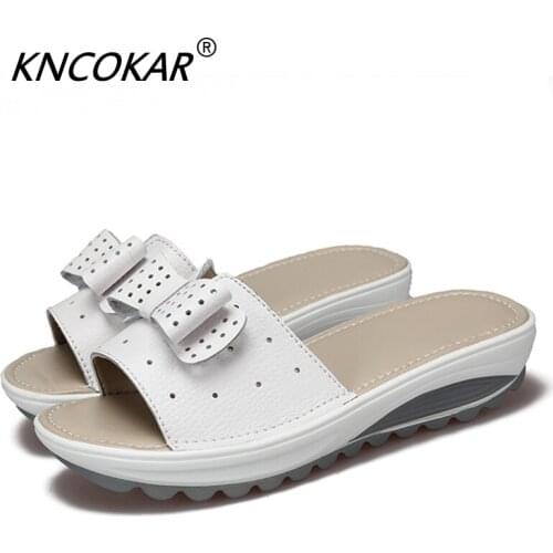 KNCOKAR Summer Home Slippers Flat Sandals Womens Shoes Leather Casual Slippers Tailoring Bow Female Platform Sandalias x202016