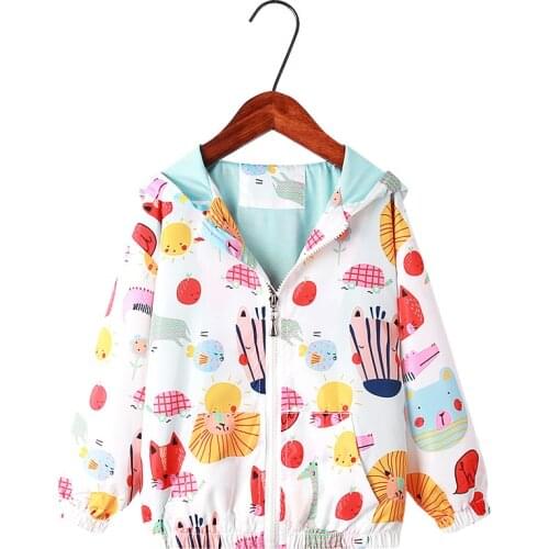 27Kids Autumn Girls Windbreaker Hooded Print Coat Autumn Top Children Coat For Girl Children Casual Clothe
