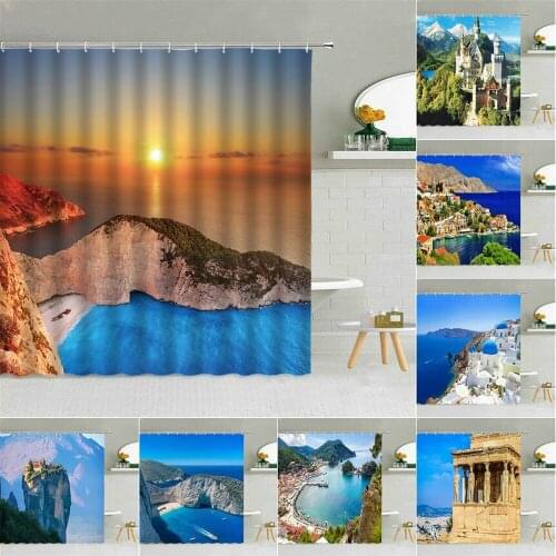 Greek Sea Island Scenery Shower Curtain European Tourist Coastal City Building Landscape Bath Decor Waterproof Cloth Curtains