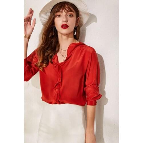 Ruffles V-neck Natural Silk Blouse 100% Mulberry Silk Long Sleeve Loose Women Basic Top Autumn M L XL Free Shipping