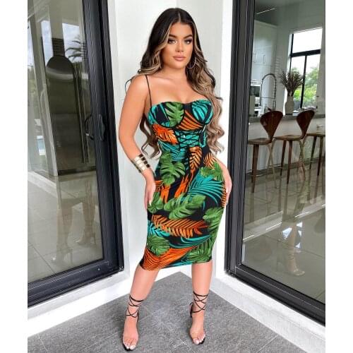 New Summer Fashion Trend Womens Home Outdoor Leisure Printed High Waist Strap Sexy Suspender Skirt Women