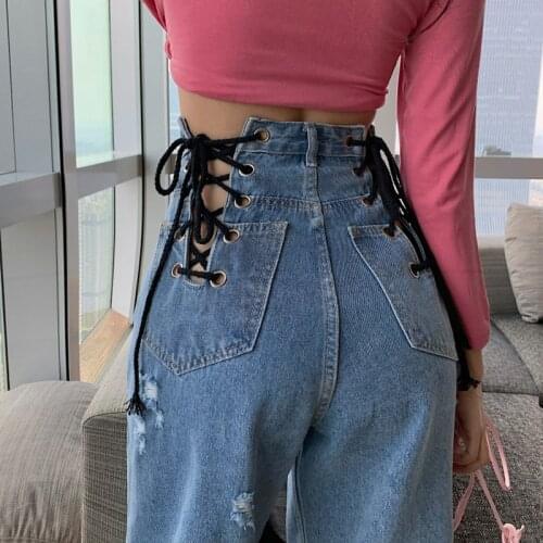 Women Sexy Hollow Out High Waist Jeans Lace Up Long Denim Wide Leg Pants Ladies Hole Ripped Casual Streetwear Loose Fit Trousers