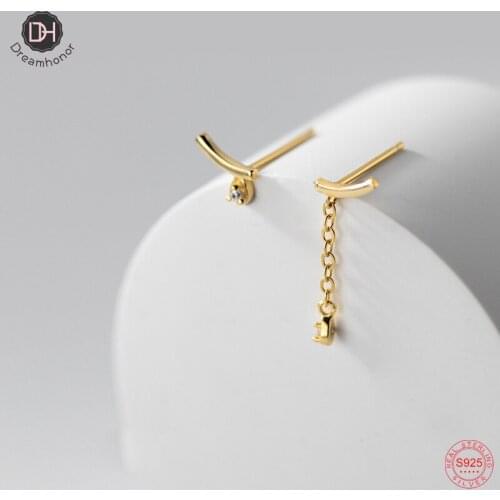 Dreamhonor 925 Sterling Silver Curved Tassel Chain Zircon Stud Earrings For Girls Student Summer Jewelry Gift