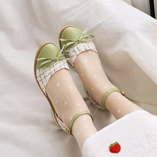 Floral Muddy Bowknot Sweet Style Womens Shoes Light Green PU Stitching Buckle Shoes Plaid Pattern Low-Heel Casual Shoes