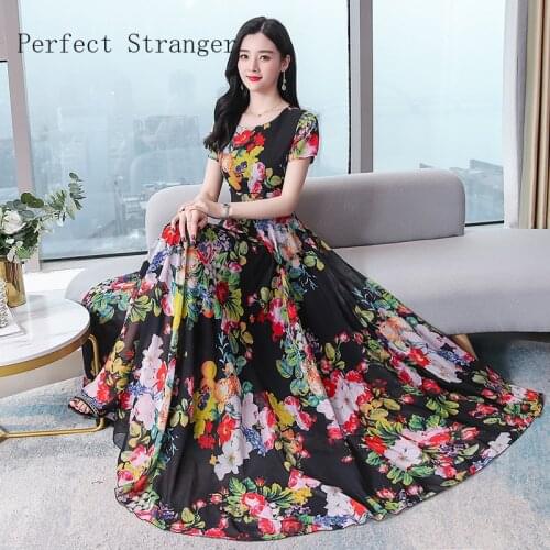 2020 Summer New Arrival Bohemian Style Round Collar Short Sleeve Flower Printed Women Chiffon Long Dress