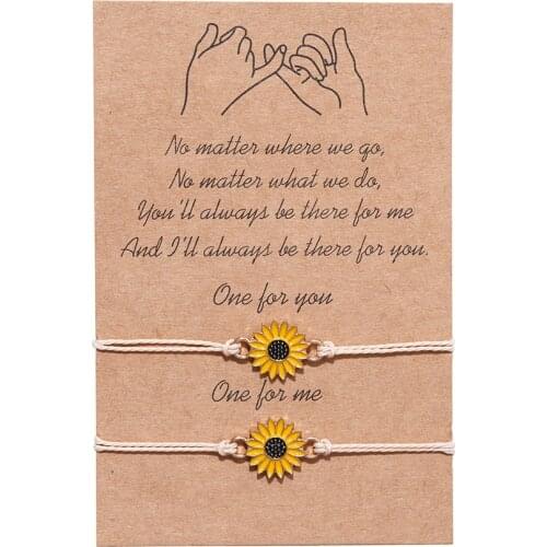 2 pcs/lots Vintage Jewelry Sunflower Designer Bracelets beige Sunflower Quote Wish Bracelet Pinky Promise Couple Jewelry Women