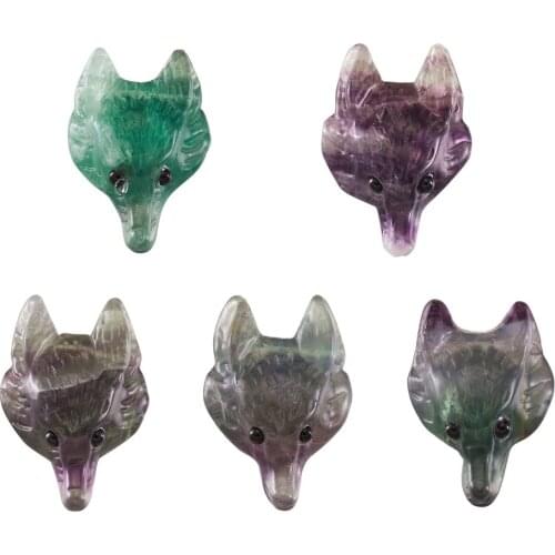 5Pcs Natural Stone Fluorite Quartz Aventurine Crystal Wolf Head Pendants Charms For Necklace DIY Jewelry Making Accessories