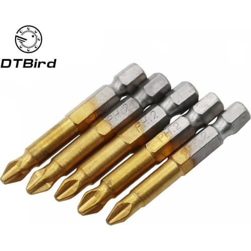 5Pcs Titanium Coated 1/4" Hex Shank PH2 50mm Anti Slip Electric Screwdriver Bits DT6 Strong hardness bit