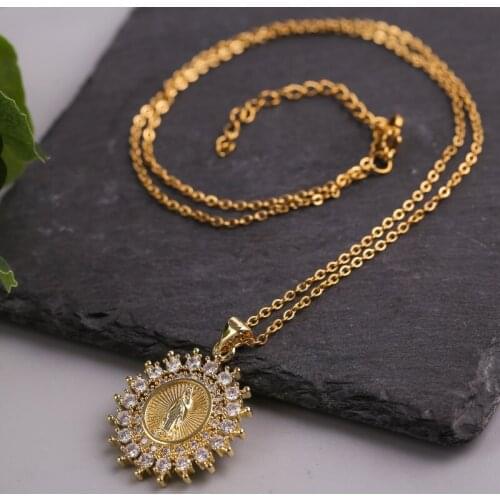 Fashion Gold Color Stainless Steel Chain Necklaces For Women Transparent CZ Zircon Copper Metal Virgin Mary Necklace Pendants