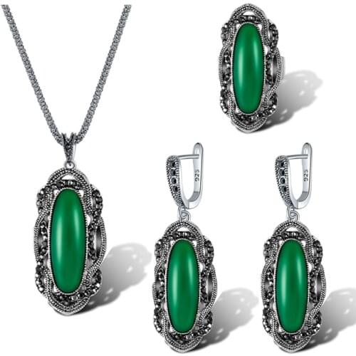 Black/Red/Green Stone Jewelry Sets For Women Ladies Beautiful Vintage Jewelry Ring Size 7,8,9