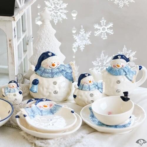 Home Decorations Dessert Plate Snacks Dishes Creative Cute Cartoon Ceramic Bowl Snowman Dish Tea Teapot Sets