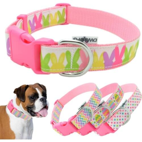 DWOOFG Easter Egg Bunny Dog Collar Personalized Pet Collar Adjustable Collar for Medium Large Dogs Pitbull Nylon Collar