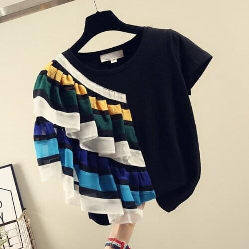 Womens O Neck Colorful Stripe Ruffles Cotton Short Sleeves T-Shirt Tee 2020 Summer Girls Pullover Casual Tops Tees A2648