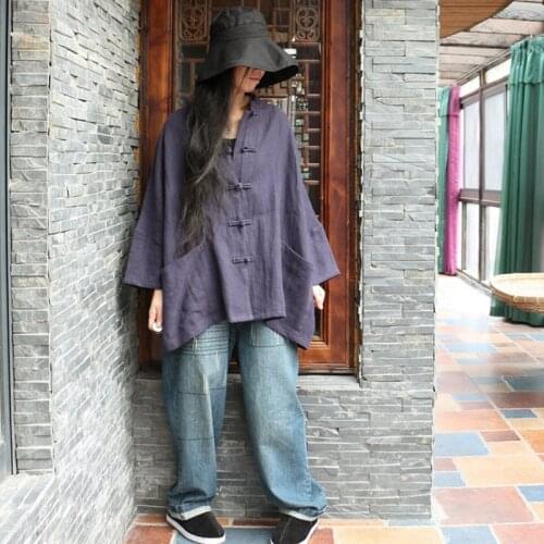 Johnature 2021 Spring Women Batwing Sleeve Jackets New Vintage Chinese Style Stand Collar Solid Color Single Breasted Jackets