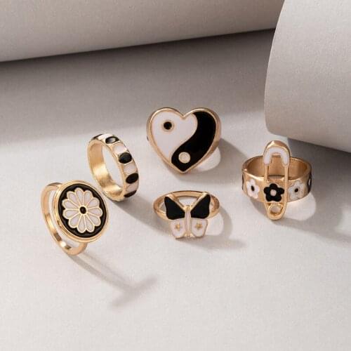 Black Tai Chi Butterfly Flower Pin Ring Set Teen Girls Matching Rings for Women Anillos Jewelry Sets Bague Femme Ringen 2021