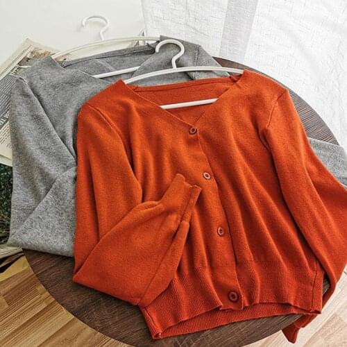 Korean Style Knitted Sweater Cardigans Women Long Sleeve V-neck Single Breaster Female Cardigan Solid Thin Sweaters coat