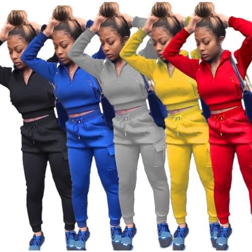 Hot Sale Spring Women Solid Color Long Sleeve Hooded Zipper Pocket Tracksuits Joggers Sweat Suit Two Piece Pant Sets