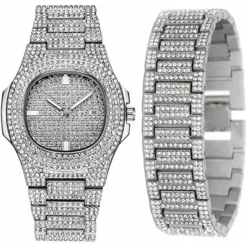 Iced Out Bracelet + Watches for Men Iced Out Watch Gold Jewelry for Men Hip Hop Rapper Mens Watch Set Reloj Hombre Bangles Gifts