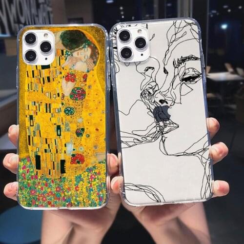 Kiss More Often Line Drawing Art Love Soft Case For iPhone 11 Pro Max 12 X XR Xs Max 6s 7 8 Plus Oil painting Gustav Klimt Cover