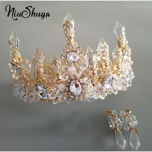 NiuShuya Brides Oversize Gold Baroque Royal Crown Headpiece Retro Clear Crystal Rhinestone Tiara Hairbands Wedding Hair Jewelry