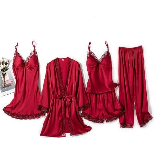 Satin Burgundy 5PCS Sleepwear Spring Summer Pajamas Set Women Silky PJS Lace Trim Pijamas Suit Casual Kimono Gown Homewear
