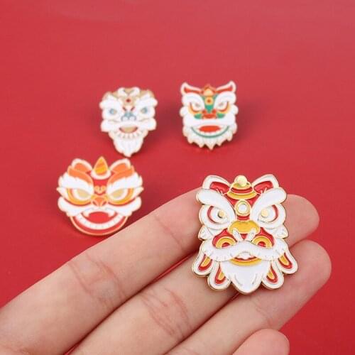 Exaggerated And Funny Lion Dance Metal Brooch Cartoon Cute Little Animal Head Paint Badge Pin Lapel Bag Accessories Jewelry