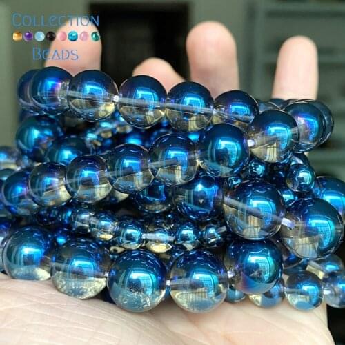 Plating Dark Blue Glass Spacer Loose Round Bead For Jewelry Making 6-12 MM DIY Bracelets Accessories Wholesale 15"