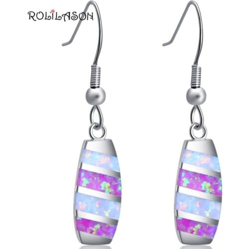 ROLILASON Birthday Party Pink and White Fire Opal Silver Stamped Drop Earrings Fashion Jewelry OE137