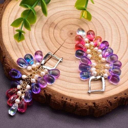Natural Colorful Crystal Tassel Dangle Earrings For Women Girls Party Bohemia Gifts Fresh Water Pearl Jewelry Handmade Fashion