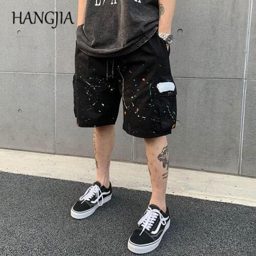 Hip Hop Ink-splashing Cargo Shorts Summer Harajuku Streetwear Loose Casual Shorts Mens Women Graffiti Big Pocket Cargo Trousers