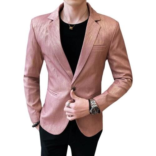 Spring Men Casual Blazer Autumn Slim Suit Jacket Party Prom Stage Costume Ball Nightclub Singer Host Dancer Pink Light Blue Gold