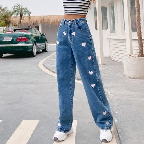 Love Indie Printed Wide Leg Jeans Women Harajuku Wild High Waist Straight Jeans with Pocket Spring Autumn Casual Sweet Trousers