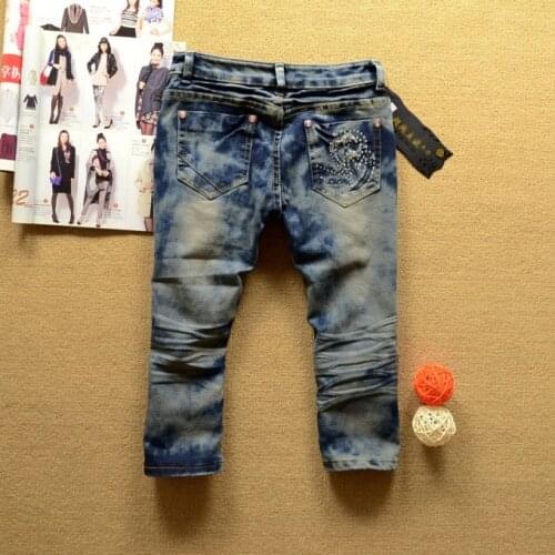 Alpha Summer Women Diamond Retro Jeans Trendy European American Style Women Vintage Pleated Streetwear Knee Length Denim Jeans