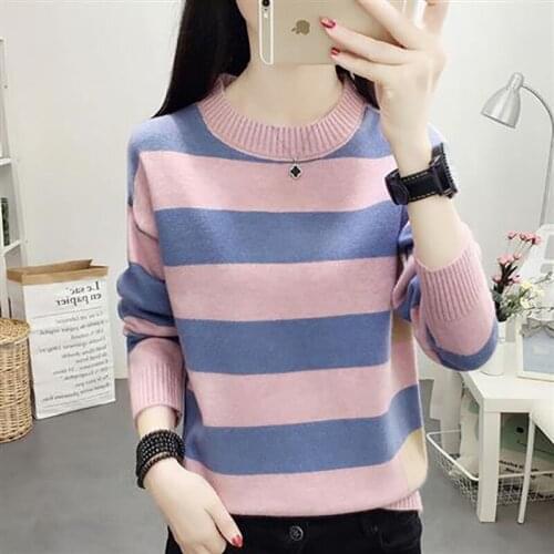 Women Autumn Winter Style Pullover Sweater Lady Casual Long Sleeve O-Neck Striped Printed Pullover Tops ZZ1157