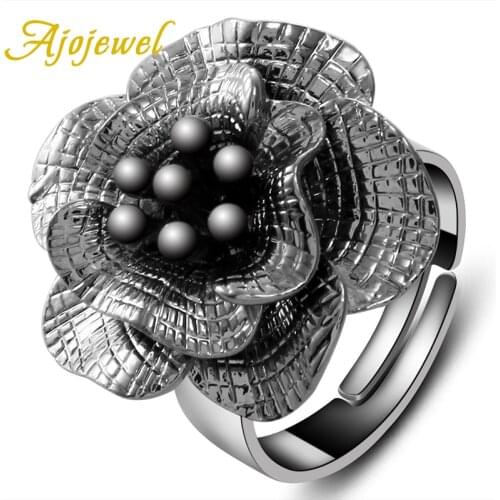 Ajojewel Brand Vintage Female Jewelry Gun Black Big Flower Shaped Open Ring Women Fashion