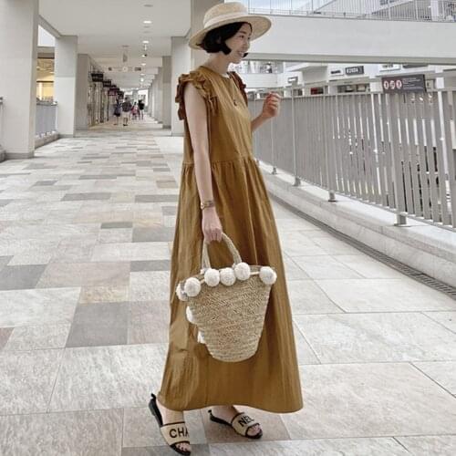 Johnature Summer New Korean Sleeveless Ruffles Women Dresses 2021 O-neck Casual Solid Color Loose Pockets Dress