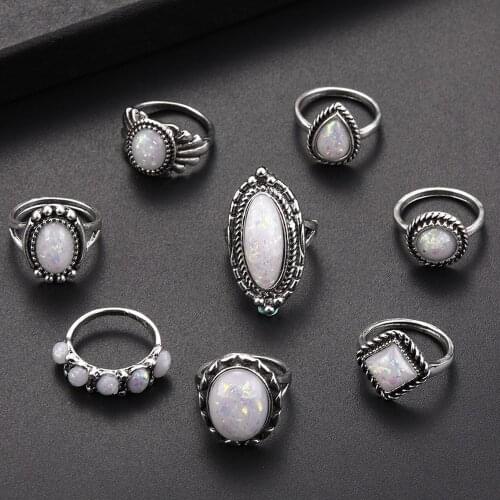 8pcs/set Vintage Big Opal Stone Knuckle Shield Rings Set For Women Bohemian Antique 925 Silver Color Rings Jewelry Dropshipping