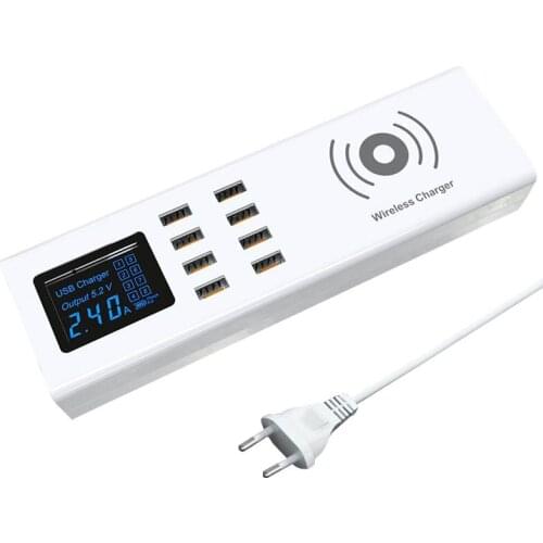 Qi Wireless Charger + Smart 8 Ports USB Fast Charger LED Display Charging Pad Power Socket Adapter Strip Phone Charging Station