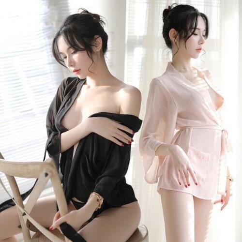 Sentiment underwear female sexy transparent temptation chiffon pajamas short style bathrobe hip style kimono bathrobe net suit