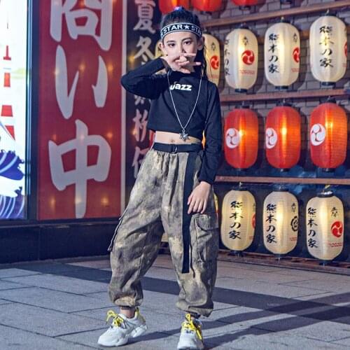 Childrens Hip Hop Jazz Dance Costume Girls Black Tops Camouflage Pants Street Dancing Clothes Performance Rave Outfit VDB2522