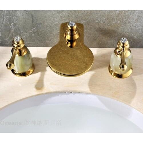 European antique marble double the three-hole waterfall natural jade gold-plated copper basin taps full eight inches