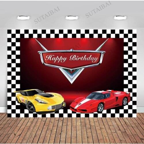 Racing Cars Boy Backdrop Supplies Happy Birthday Curtains Photography Sports Black White Plaid Decor Party Banners