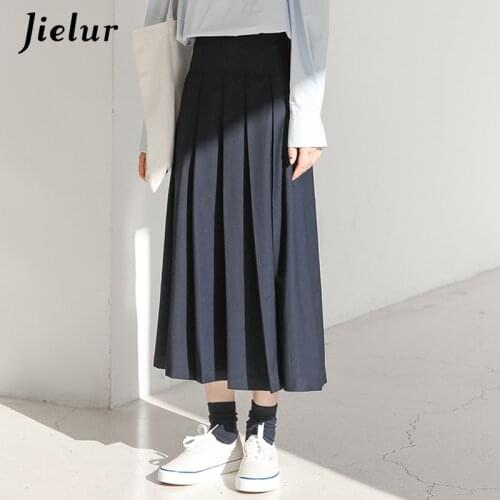 Jielur Navy Blue Pleated Skirt Female Korean Fashion High Waist Skirts for Women 2021 Summer New A-line Midi Skirt Harajuku S-L